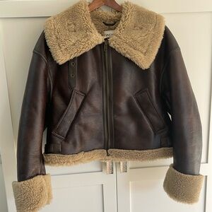 ZARA BROWN DOUBLE-FACED FAUX LEATHER SHEARLING FUR CUFF CROP AVIATOR JACKET COAT